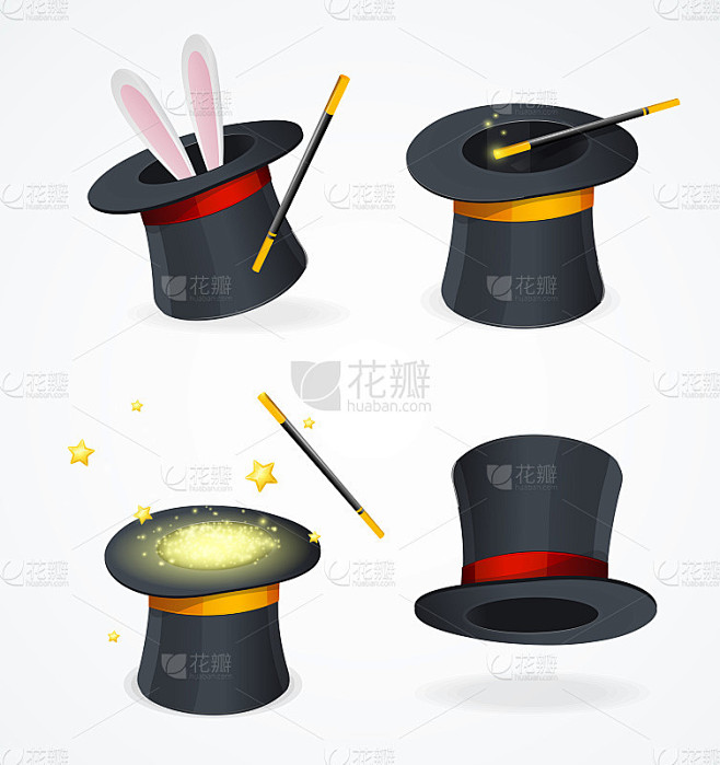 逼真详细的3d黑魔术帽集。向量