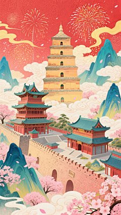 国潮风插画，融合剪纸与水彩元素，展现中式古塔与城墙在樱花纷飞、烟花绽放中的梦幻场景，喜庆氛围浓郁。