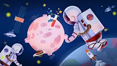 手绘清新创意蓝蓝色人类月球日插画