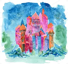 彩虹城堡梦幻水彩插画