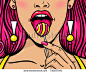 Pop art female face. Closeup of sexy young woman in glasses with long pink hair, open mouth, bright lollipop in her hand. Vector colorful background in pop art retro comic style.  Candy shop poster.