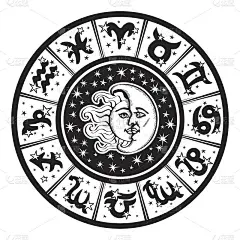 星座圆。黄道十二宫,月亮,太阳。黑色、白色