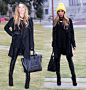 Celine Mini Luggage Bag, Haute & Rebellious Chloe Coat, Haute & Rebellious Black Sweater, Haute & Rebellious Black Leather Gloves, Haute & Rebellious Black Leather Leggings, Haute & Rebellious Black Heel, Haute & Rebellious Gold Ne