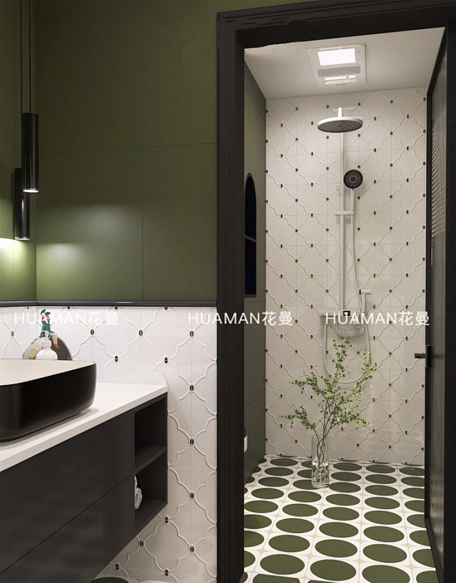 花曼法式复古卫生间芥末绿瓷砖手绘绿点厕所...