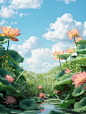 3D cartoon style with a cartoon background featuring a blue sky with white clouds. A grassland is depicted with lotus leaves on the left side of the screen and lotus flowers on both sides. Green plants are shown in front of them. The style is simple, cute