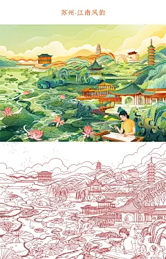 国风插画，国潮插画，描边插画，传统文化