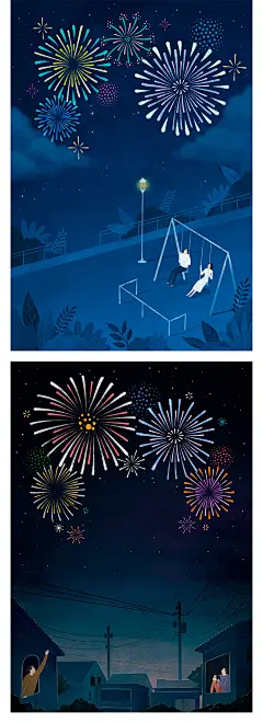 扁平浪漫城情侣市烟花夜空夜景公园天台户外屋顶插画PSD设计素材-淘宝网