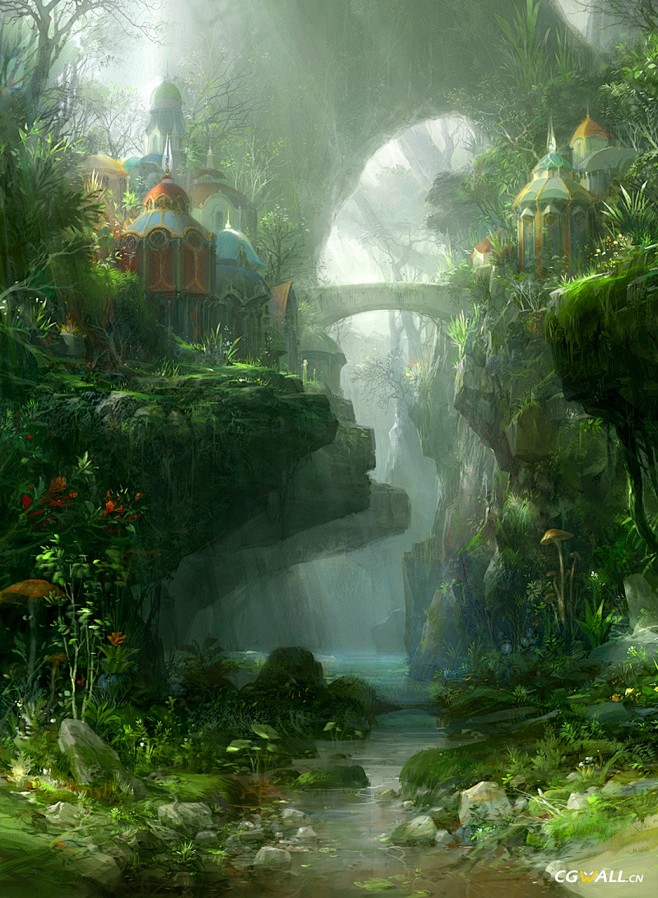 青山绿水隐世城堡场景原画，植物，蘑菇，石...