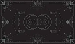 向量神秘的黑暗的波西米亚背景与华丽的轮廓几何框架，月相，星星，同心圆和新月。神秘的线性旗帜与魔法符号
