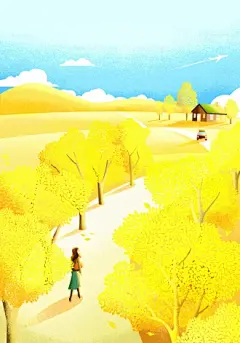 树林山丘 林间小路 房屋汽车 小女孩 秋季插画PSD06