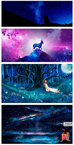 PSD唯美浪漫手绘星空夜晚卡通梦幻夜景女孩背景插画海报 H1689-淘宝网