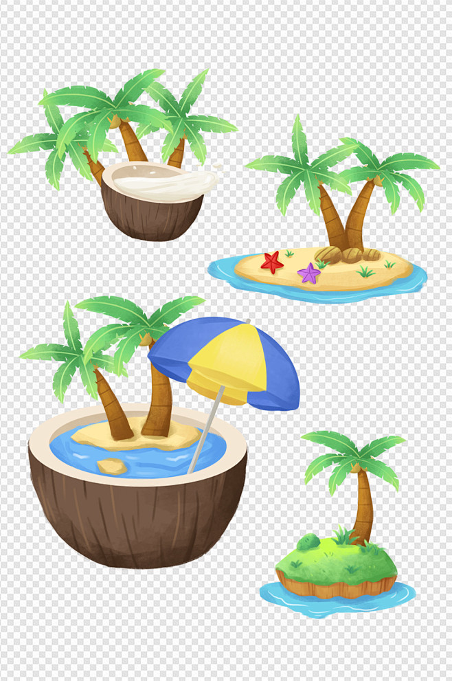 手绘夏季椰子树小岛海洋椰汁阳伞沙滩元素材