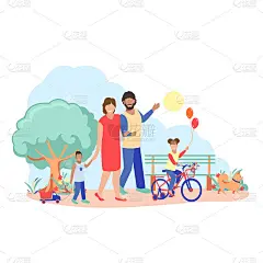 幸福的一家人在城市公园散步