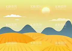 扁平画  - 源文件下载【酷图网】扁平插画,扁平风,扁平画,矢量插画,矢量画,宣传画,秋天插画,麦田,山,黄昏,落日,云朵