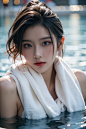  High quality, masterpiece, cinematic texture, Chinese elements, close-up of head and face, 1 girl bathing in the pool, shoulders exposed to the water surface (wrapped in a towel: 1.2), (with a large amount of water vapor on the surface: 1.5), (hot spring