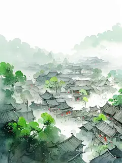 写意江南水乡青泉烟雨，中国古代乡村风光，鸟瞰全景海报-图巨人