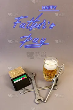 潮流贺卡，父亲节的在线横幅和蓝色霓虹标志