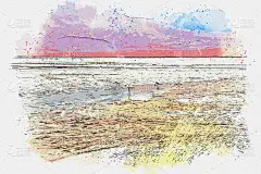 水彩画美丽的风景拉古纳科罗拉多(红泻湖)在Salar de Uyuni，玻利维亚。
