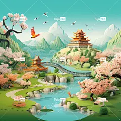 春天的季节绿色背景，桃花小鸟3D海报