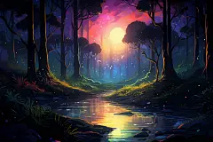 仲夏夜森林秘境的插画