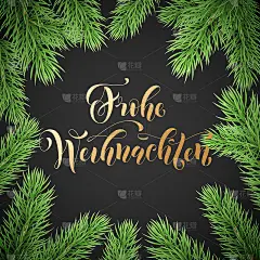 Frohe Weihnachten德国圣诞快乐金手画书法文字为贺卡的花环装饰和圣诞花环框架。向量冬季