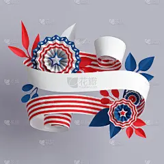 3d渲染，数字插图，抽象红蓝色纸花，设计元素，4月7日爱国背景，美国独立日横幅，请柬，贺卡模板