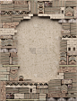 Border frame on the background of a sandy clay wall with decorative stonework. Сopy space. Ruined wall of stone blocks and bricks with pattern in ancient style. Abstract geometric composition