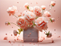 The pink flower vase is filled with pink roses, in the style of surrealistic elements, octane render, light orange, floral explosions, mori kei, lightbox, use of paper