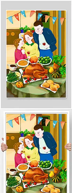 共进晚餐家人感恩节温暖人物插画