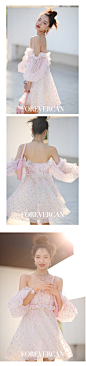 CAN2021夏季新款 法式薄款泡泡袖一字领露肩公主裙仙气连衣裙女-淘宝网