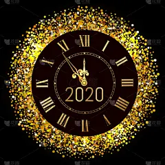 2020,午夜,华贵,矢量,新年前夕,钟,绘画插图,闪亮的,黄金,五彩纸屑
