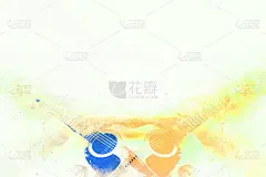 抽象美丽的吉他演奏在前景，水彩画背景和数字插画刷艺术。