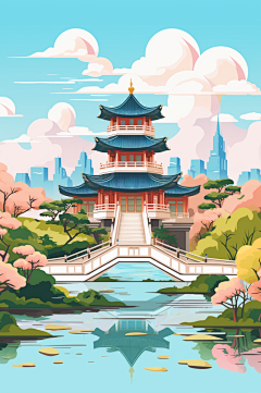 AI数字艺术国庆节建筑漫画扁平风插画-众图网