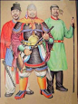 辽（916年-1125年）武士的铠甲和戎服复原图。辽在契丹国时，军队就已使用铠甲，主要采用的是唐末五代和宋的样式，以宋为主。铠甲的上部结构与宋代完全相同，只有腿裙明显比宋代的短，前后两块方形的鹘尾甲覆盖于腿裙之上，则保持了唐末五代的特点
