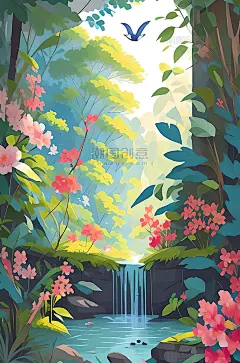 春天森林植物藤蔓花朵扁平风插画