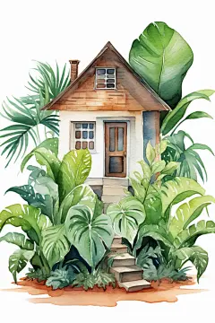 建筑铅笔绿植房屋花园水彩画插画