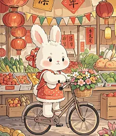 可爱的拟人化小白兔穿着可爱的衣服推着