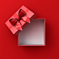 花瓣素材_空白的红色礼品盒与红色丝带和蝴蝶结或顶部视图打开的红色礼品盒孤立在红色背景与阴影最小的概念_174472042