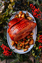 Plum Sauce Glazed Ham with Soy & Scallion Butter Roasted Potatoes