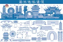 浙江湖州地标建筑 矢量剪影 建筑线稿线描 手绘插画 印象名片 会议背景 旅游海报