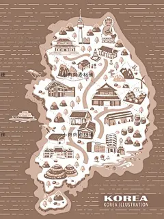 韩国地标首尔塔昌德宫南山民俗村美食手绘地图矢量设计素材AI65-淘宝网