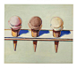 韦恩‧第伯（1920年生） 《三个甜筒》，油彩 画板，33 x 37.5 cm.，1964年作。估价︰1,800,000-2,500,000 美元。此作将于7月10日佳士得纽约战后及当代艺术（日间拍卖）呈献。艺术作品：© 2020 Wayne Thiebaud / Licensed by VAGA at Artists Rights Society (ARS), NY