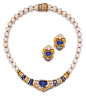 8 Karat Gold, Sapphire, Diamond and Cultured Pearl Necklace and Matching Earclips, Bulgari
