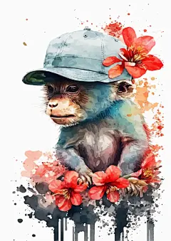 戴着帽子的小猴子与花朵的艺术插画
