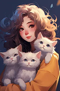 女孩养宠物小猫人物猫咪萌宠插画