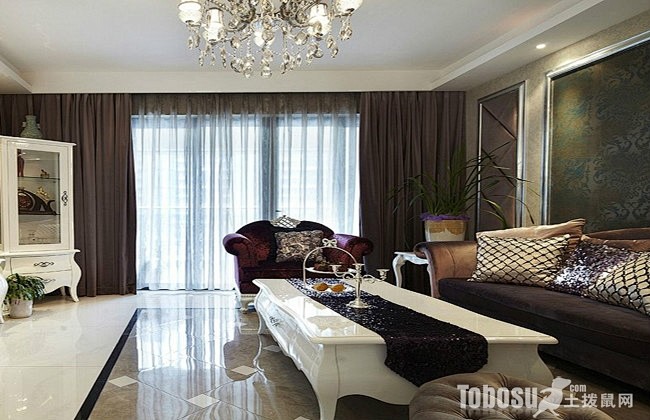 新古典风格家装客厅地板砖白色电视柜及客厅...