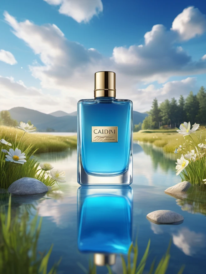 01247-1182449620-A delicate blue perfume bottle,in a meadow,Lake ...