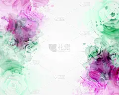 抽象的背景与水彩画五颜六色的飞溅和玫瑰花。粉红色和绿色。模板为您的设计, 如婚礼邀请, 贺卡, 海报