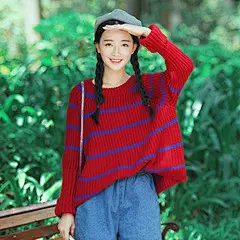 七年事 条纹圆领宽松套头横条纹针织衫长袖毛衣 #日韩# #英伦# #女人# #原创# #办公# #家居#