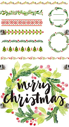 卡通可爱圣诞节圣诞树叶装饰边框图案贺卡片明信片手账本矢量素材 | 设汇